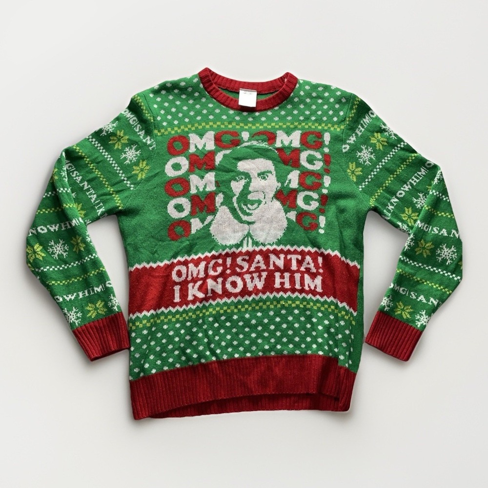 Elf Christmas Sweater XL Green Red OMG Santa I Know Him Funny Holiday Knit Top